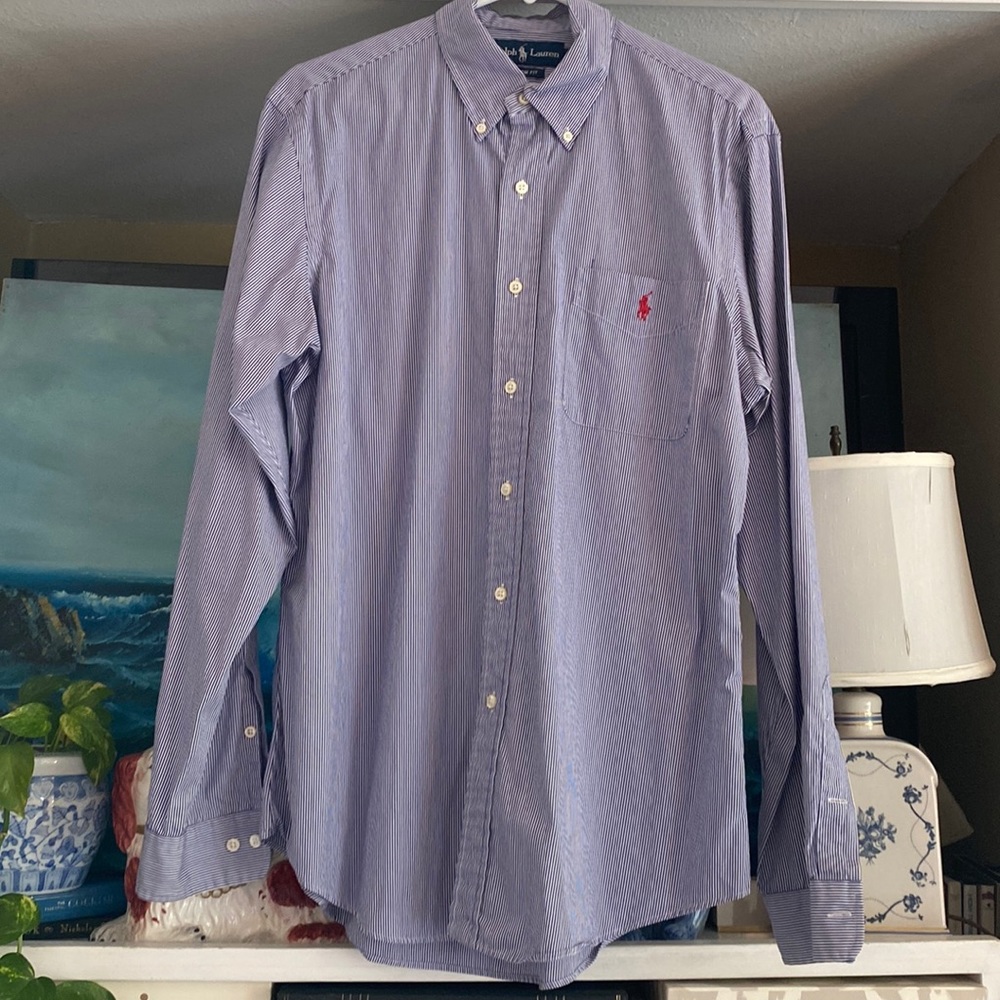 Ralph Lauren Size 16/L Custom Fit Blue & White Stripe Button Up w/Red Pony